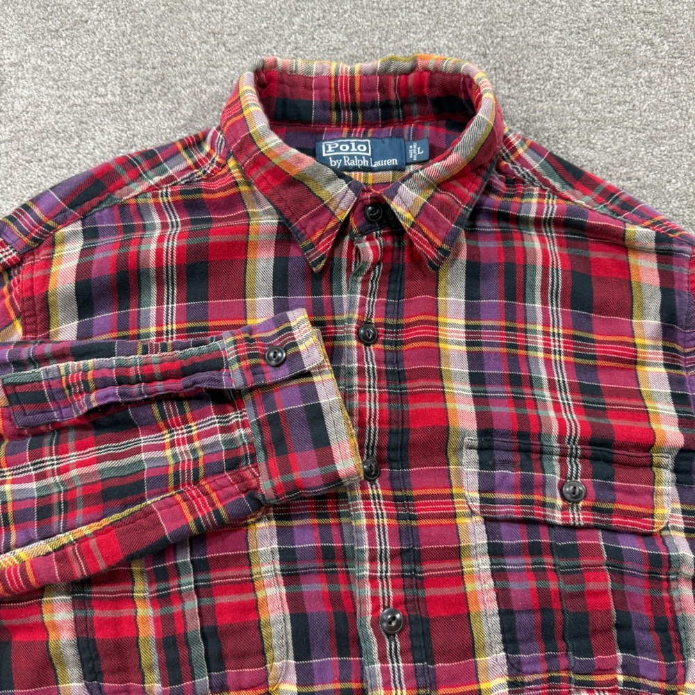 Polo Ralph‎ Lauren Flannel Shirt Mens L Red Plaid Long Sleeve Button Down Pocket